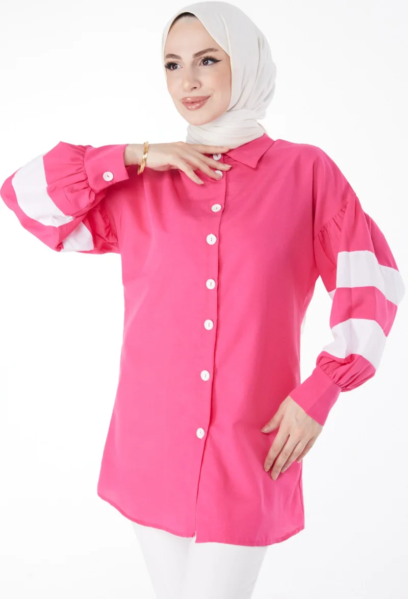 Tofisa Plain Shirt Collar Women's Fuchsia Balloon Sleeve Garnish Tunic - 13158