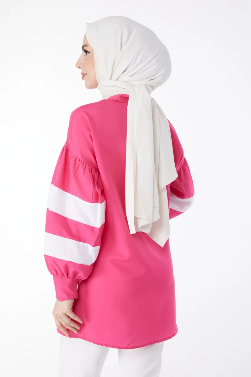 Tofisa Plain Shirt Collar Women's Fuchsia Balloon Sleeve Garnish Tunic - 13158
