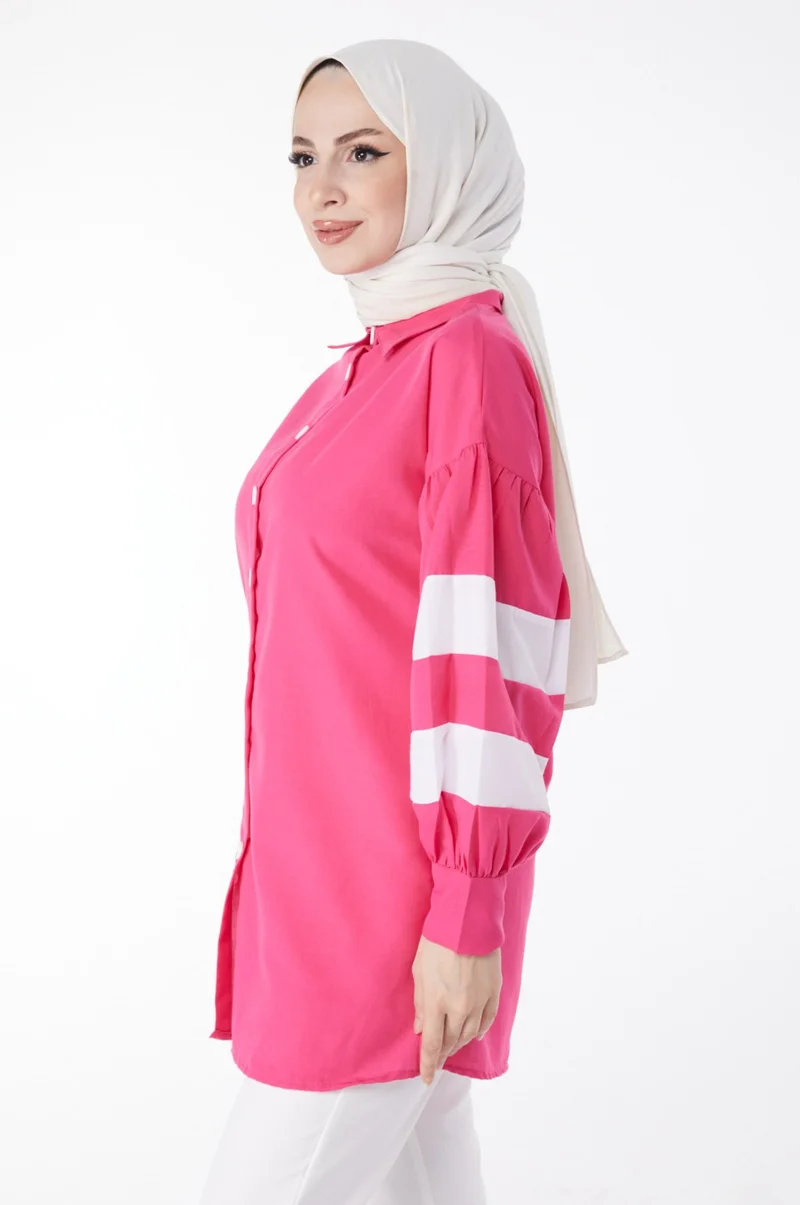 Tofisa Plain Shirt Collar Women's Fuchsia Balloon Sleeve Garnish Tunic - 13158