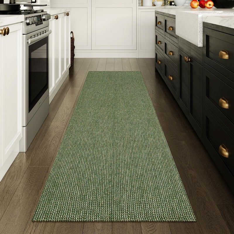 Uphome Kitchen Runner Rug, 2x6 Washable Boho Rug Runners for Hallways Non Slip, 6ft Low Pile Woven Cotton Modern Carpet Runners, Stain Resistant Bedroom Runner Rug for Hallway Entryway Entrance, Green - Image 2
