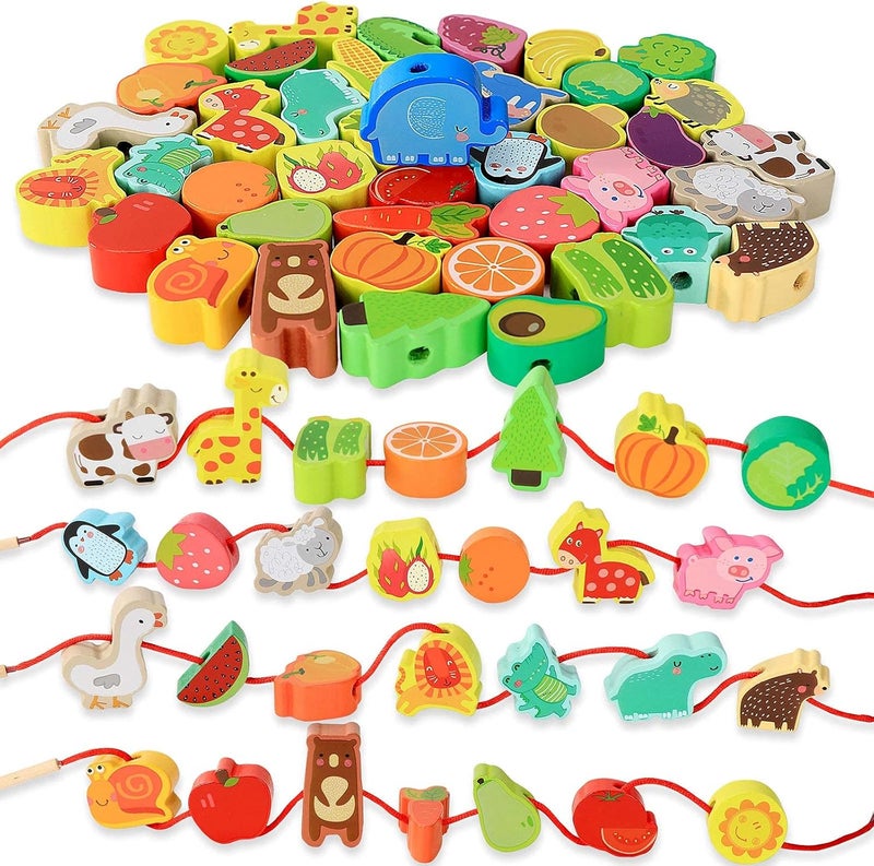 خرز توتير خشبية من BM TOYS بأشكال حيوانات المزرعة والفواكه والخضروات للأطفال الصغار ومرحلة ما قبل المدرسة، للأولاد والبنات - Image 1