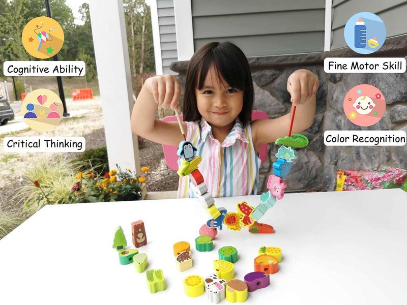 خرز توتير خشبية من BM TOYS بأشكال حيوانات المزرعة والفواكه والخضروات للأطفال الصغار ومرحلة ما قبل المدرسة، للأولاد والبنات - Image 5