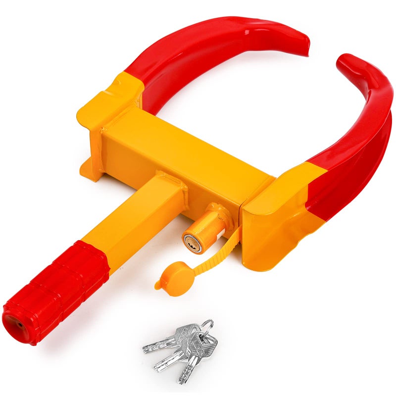 Hedume Wheel Clamp Lock with 3 Keys, Universal Security Tire Locks Anti Theft Lock, Adjustable Heavy Duty Trailei Locks for Car, Truck, Trailers, Camper Car, Van Truck (Red-Yellow)