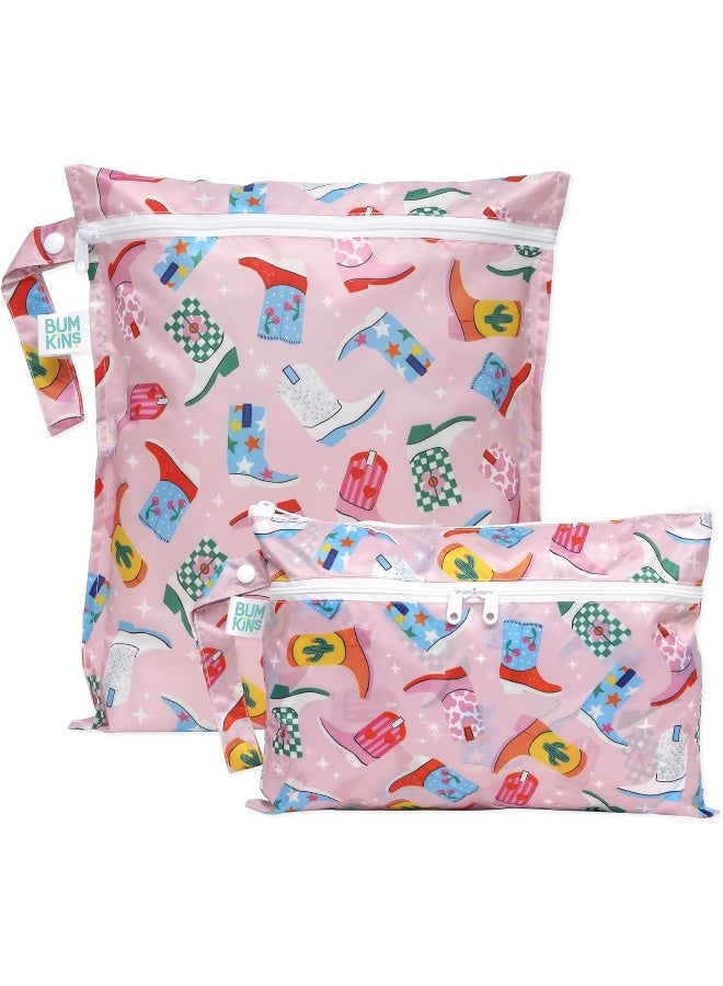 Bumkins - Waterproof Wet Bag & Wet/Dry Clutch Bags - For Beach, Baby, Travel, Swim Suit, Cloth Diapers, Pump Parts, Pool, Gym, Toiletries - Reusable & Easy to Clean - Cowgirl Boots - 2 Pack - Image 1