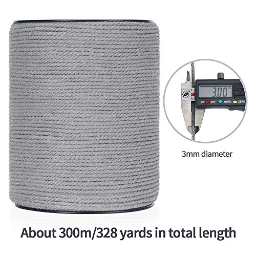 HOMEBOBO Macrame Cord 3mm x 328Yards, Colored Natural Cotton Macrame Rope - 3 Strands Twisted Colorful Macrame Cotton Cord for Wall Hanging, Plant Hangers, Crafts, Gift Wrapping and Wedding Decorations, Gray - Image 3