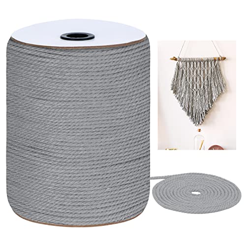 HOMEBOBO Macrame Cord 3mm x 328Yards, Colored Natural Cotton Macrame Rope - 3 Strands Twisted Colorful Macrame Cotton Cord for Wall Hanging, Plant Hangers, Crafts, Gift Wrapping and Wedding Decorations, Gray - Image 1