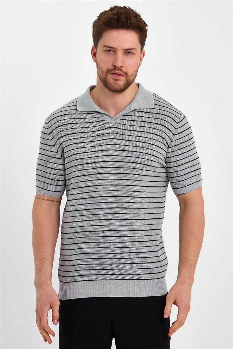 Cool Tarz Cool Style Gray Men's Polo Collar Striped Knitwear T-SHIRT-TRZ19124R01S