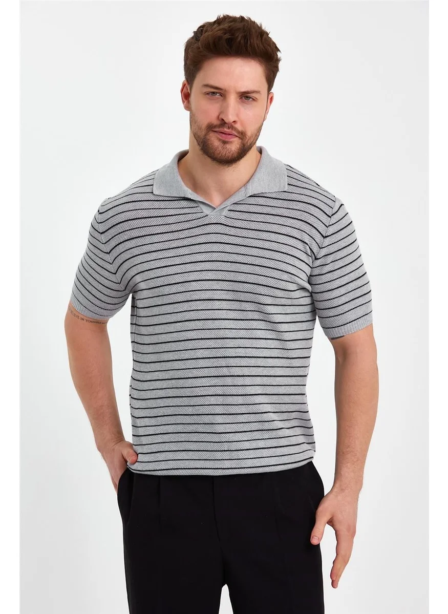 Cool Tarz Cool Style Gray Men's Polo Collar Striped Knitwear T-SHIRT-TRZ19124R01S