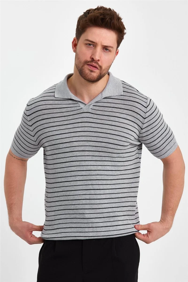Cool Tarz Cool Style Gray Men's Polo Collar Striped Knitwear T-SHIRT-TRZ19124R01S