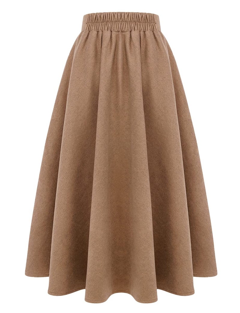 IDEALSANXUN Womens High Elastic Waist Maxi Skirt A-line Plaid Winter Warm Flare Long Skirts(Long Pure Camel, M) - Image 2