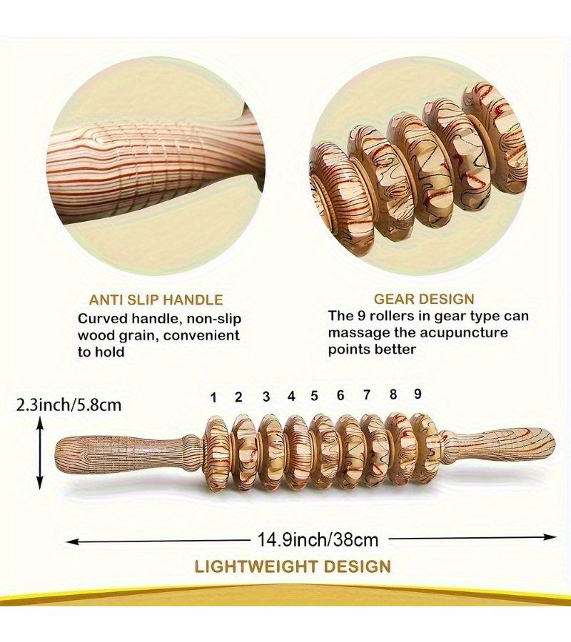9 Roller Handheld Wooden Massage Stick Ergonomic Handle Full Body Shaping Muscle Relaxation Natural Massage Tool - Image 3