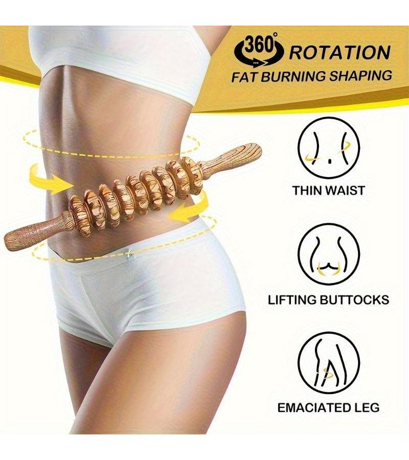 9 Roller Handheld Wooden Massage Stick Ergonomic Handle Full Body Shaping Muscle Relaxation Natural Massage Tool - Image 5