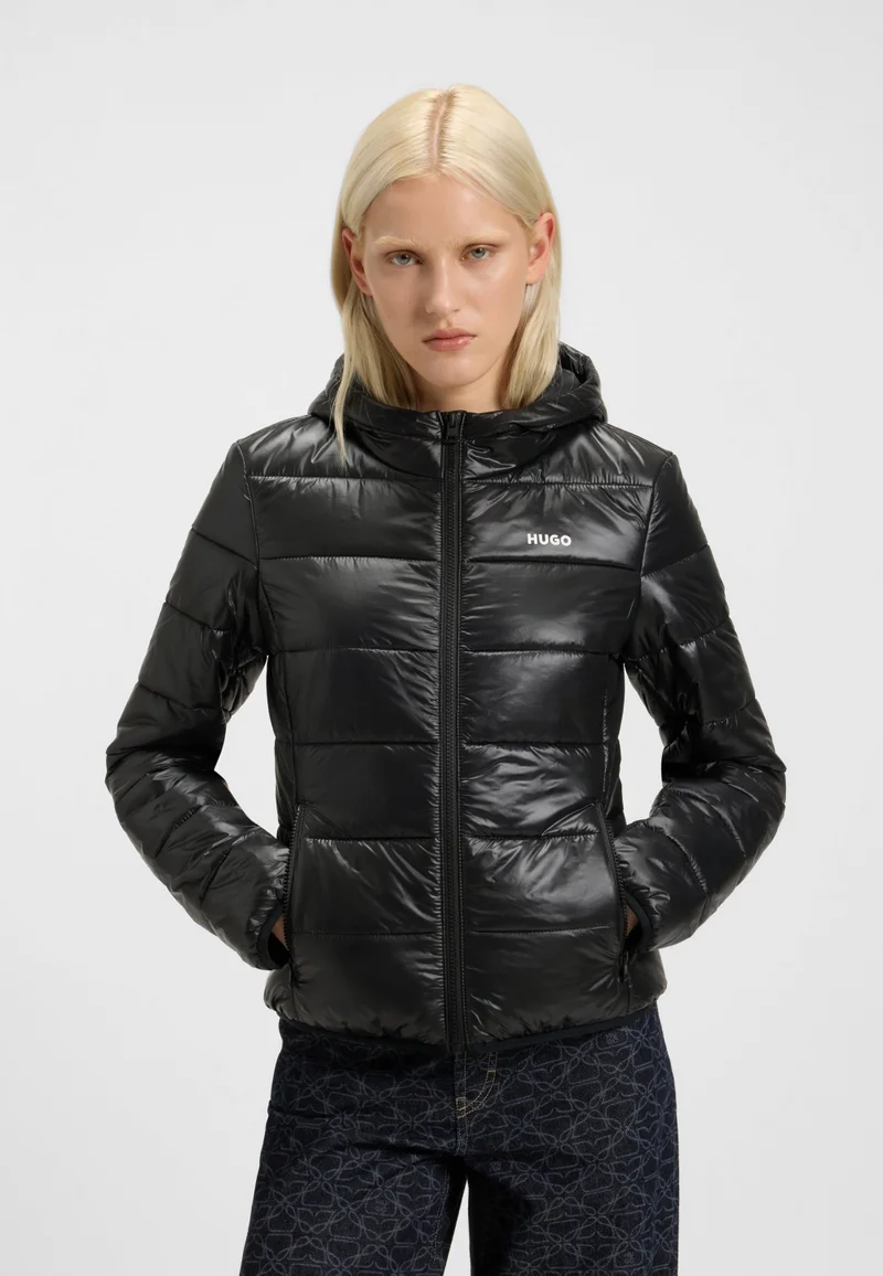 Water-repellent hooded puffer jacket with logo print