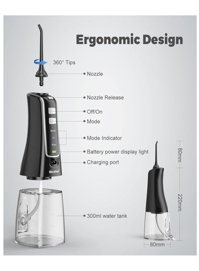 Nicefeel Cordless Water Flosser Teeth Cleaner, 300ML USB Rechargable Portable Oral Irrigator for Travel,Home 3-Modes IPX7 Waterproof Water Dental Flosser with 4 Jet Tips for Braces and Teeth Whitening - Image 2