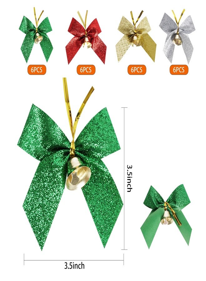 phnydreg 24-Piece Christmas Tree Bows with Bells - 3.5 Inch Small Glitter Bows for Wreaths, Decorations, Gifts (Gold, Silver, Green, Red - Image 2
