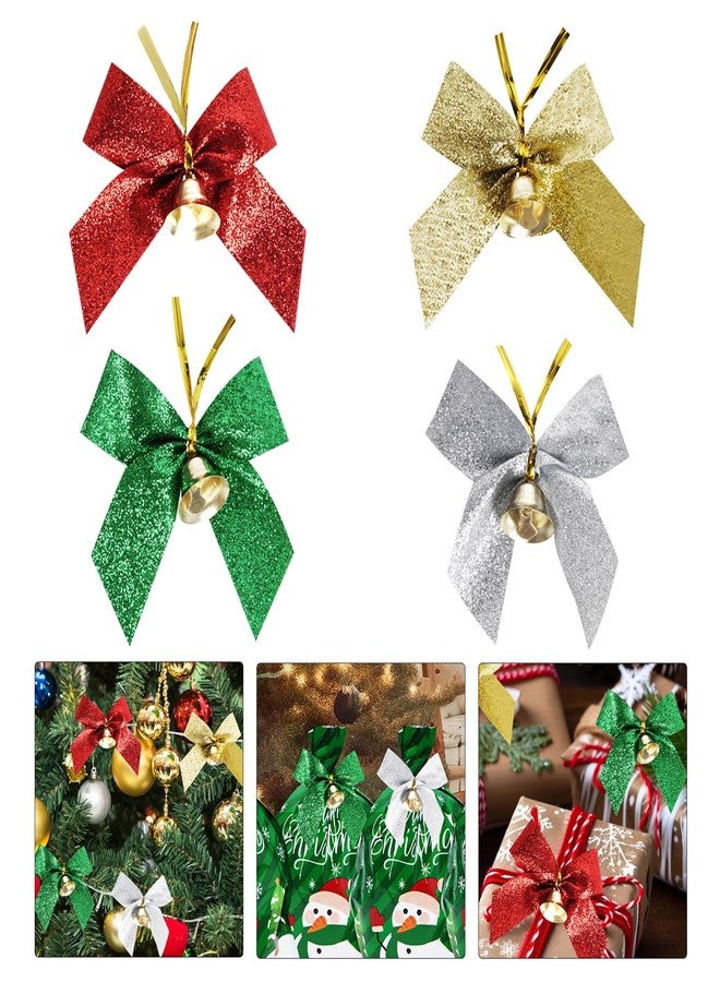 phnydreg 24-Piece Christmas Tree Bows with Bells - 3.5 Inch Small Glitter Bows for Wreaths, Decorations, Gifts (Gold, Silver, Green, Red - Image 1