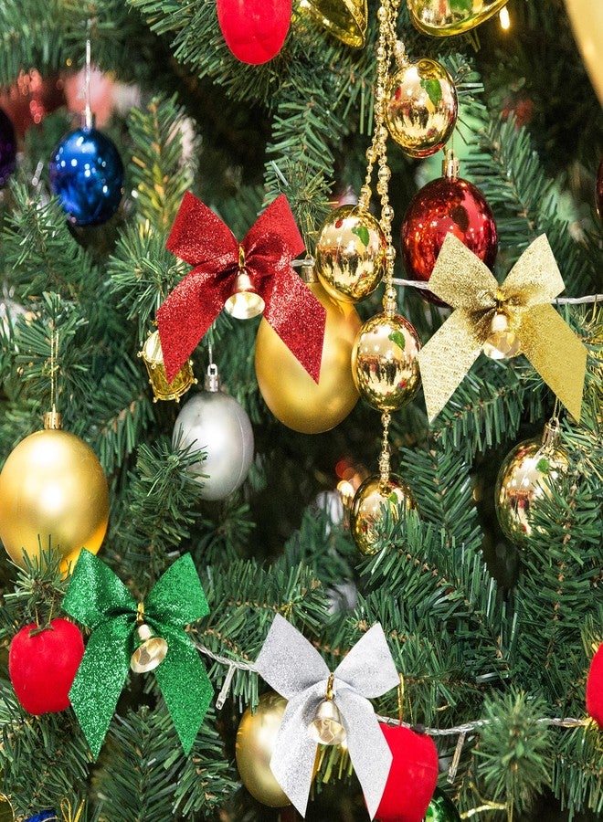 phnydreg 24-Piece Christmas Tree Bows with Bells - 3.5 Inch Small Glitter Bows for Wreaths, Decorations, Gifts (Gold, Silver, Green, Red - Image 4