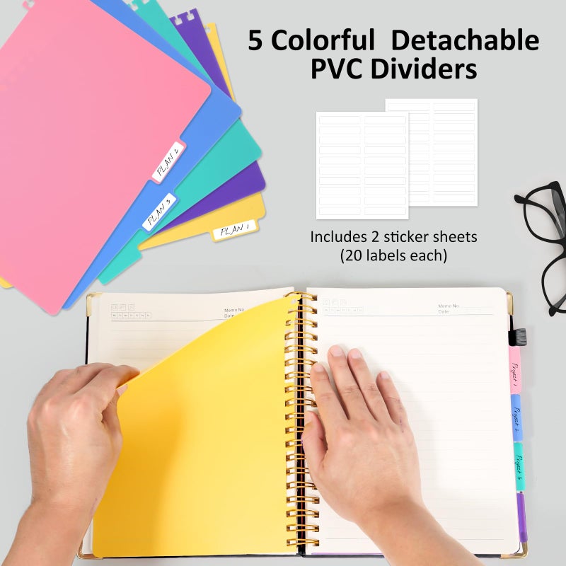 RIANEAN Hardcover Spiral Notebook Journal, 8"x10" Large B5 Notebooks with Removable Dividers Tabs, 300 Pages Leather 5 Subject Notebook College Ruled, Journal for Work School Note, 100 GSM Thick Paper,Black - Image 5