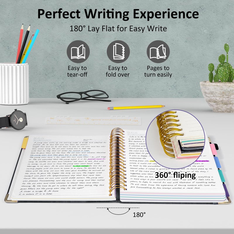 RIANEAN Hardcover Spiral Notebook Journal, 8"x10" Large B5 Notebooks with Removable Dividers Tabs, 300 Pages Leather 5 Subject Notebook College Ruled, Journal for Work School Note, 100 GSM Thick Paper,Black - Image 4