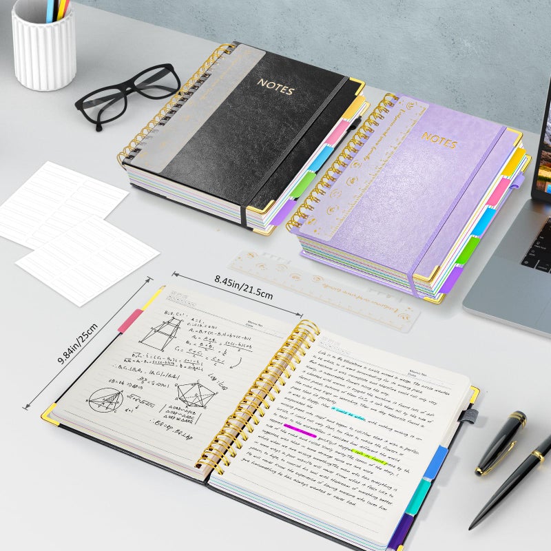 RIANEAN Hardcover Spiral Notebook Journal, 8"x10" Large B5 Notebooks with Removable Dividers Tabs, 300 Pages Leather 5 Subject Notebook College Ruled, Journal for Work School Note, 100 GSM Thick Paper,Black - Image 2