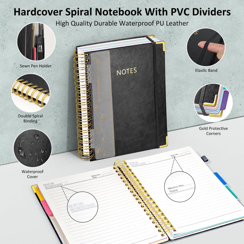 RIANEAN Hardcover Spiral Notebook Journal, 8"x10" Large B5 Notebooks with Removable Dividers Tabs, 300 Pages Leather 5 Subject Notebook College Ruled, Journal for Work School Note, 100 GSM Thick Paper,Black - Image 3