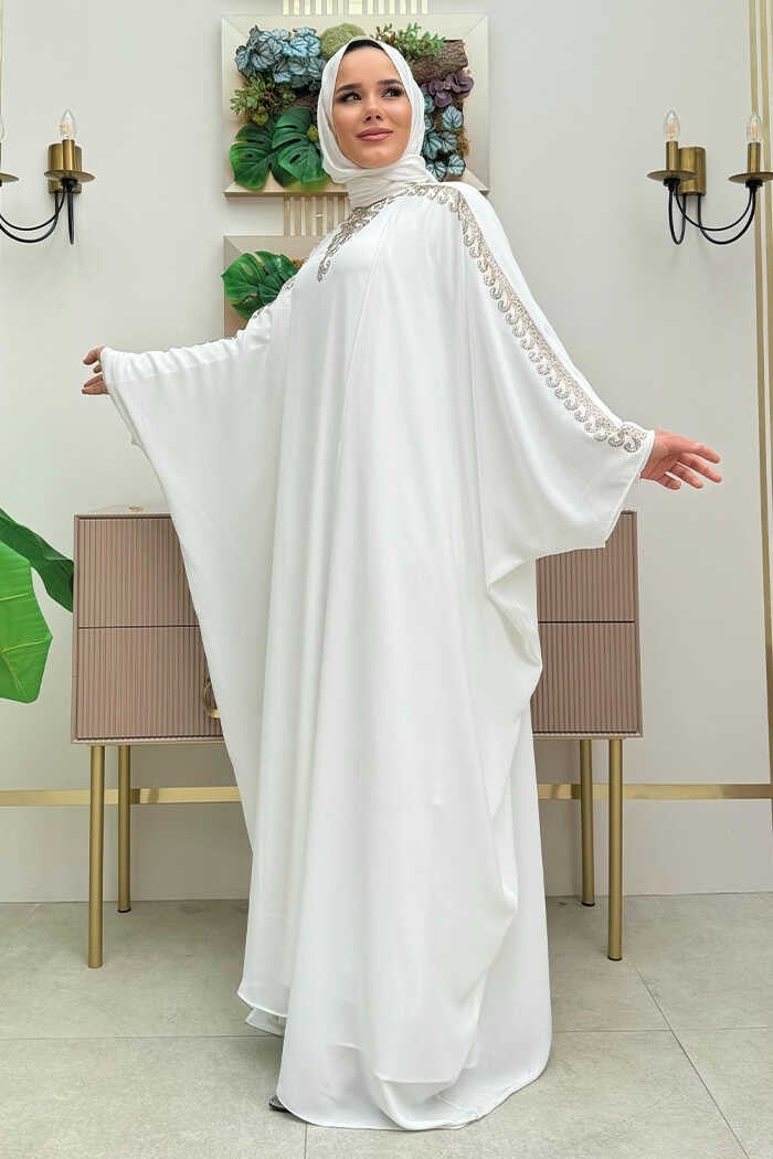 Bym Fashion Stone Embroidered Dress Abaya Suit 8499 Ecru  - Image 3