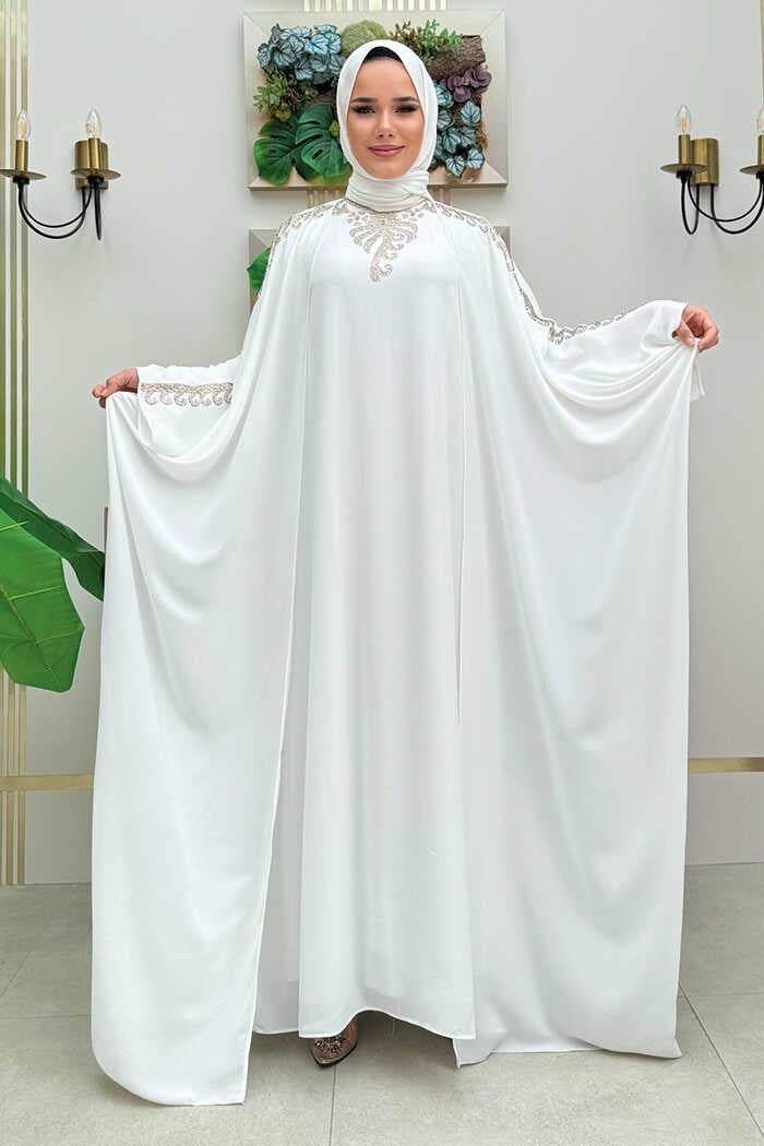 Bym Fashion Stone Embroidered Dress Abaya Suit 8499 Ecru  - Image 1