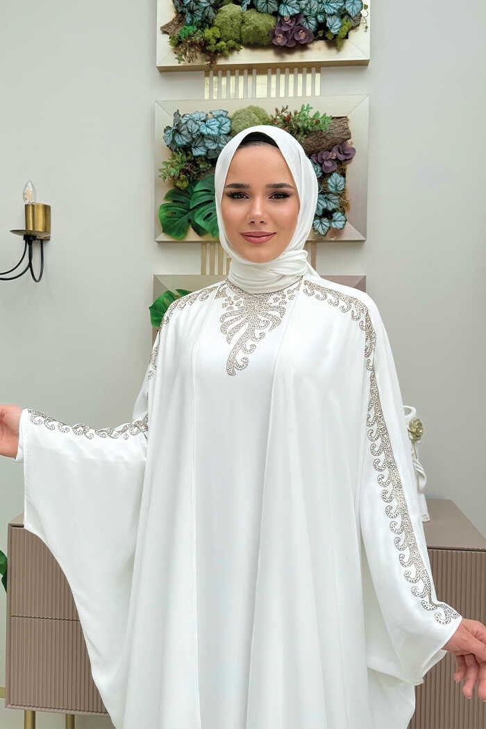 Bym Fashion Stone Embroidered Dress Abaya Suit 8499 Ecru  - Image 4