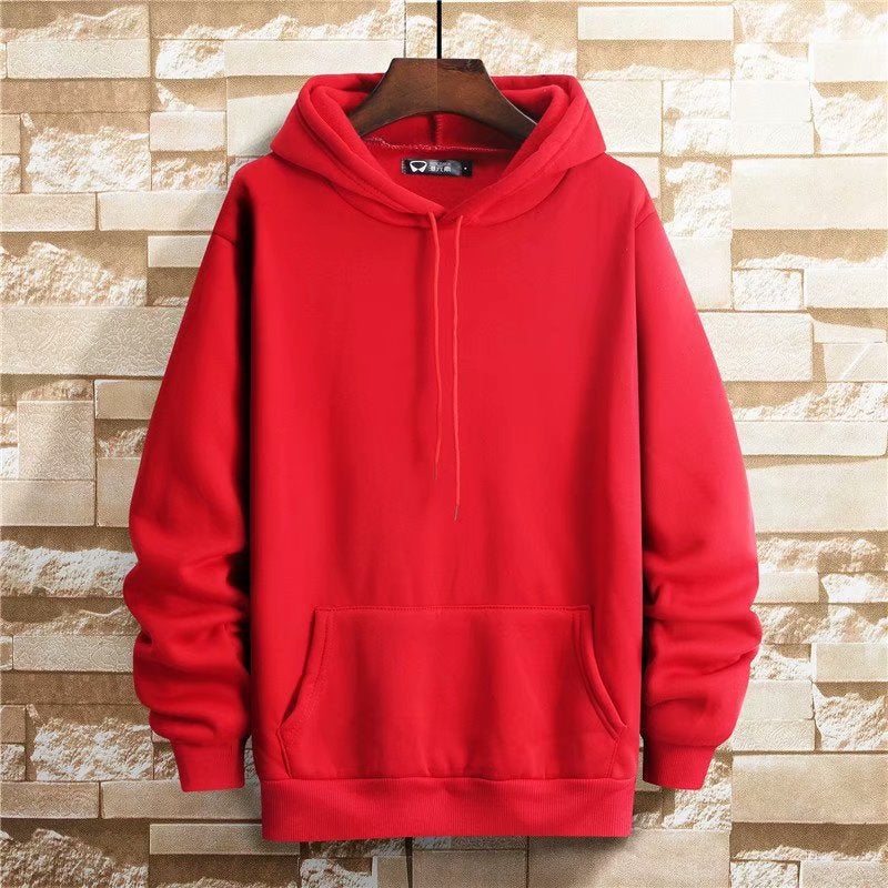 Sweat Mens Hooded Spring and Autumn Ins Student Hong Kong Style Solid Color fleece-lined Thickened Loose plus size Blank Top for Couple Red