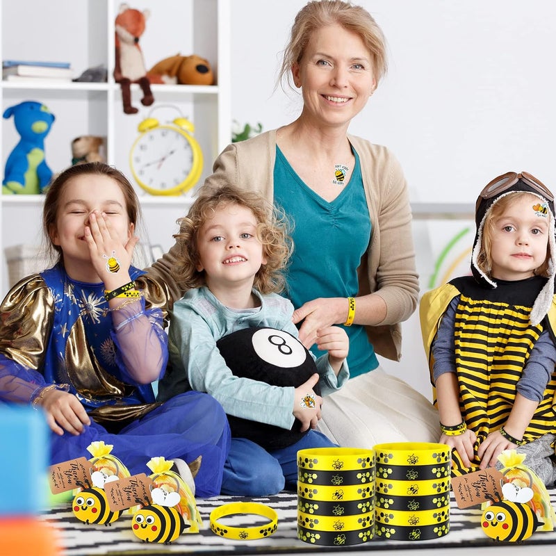 Sureio 98 Pcs Bee Party Favors Include Keychains Rubber Bracelets Thank You Tags Stickers Organza Bags for Kids Birthday Party Gifts Baby Shower Souvenirs World Bee Day Supplies - Image 5