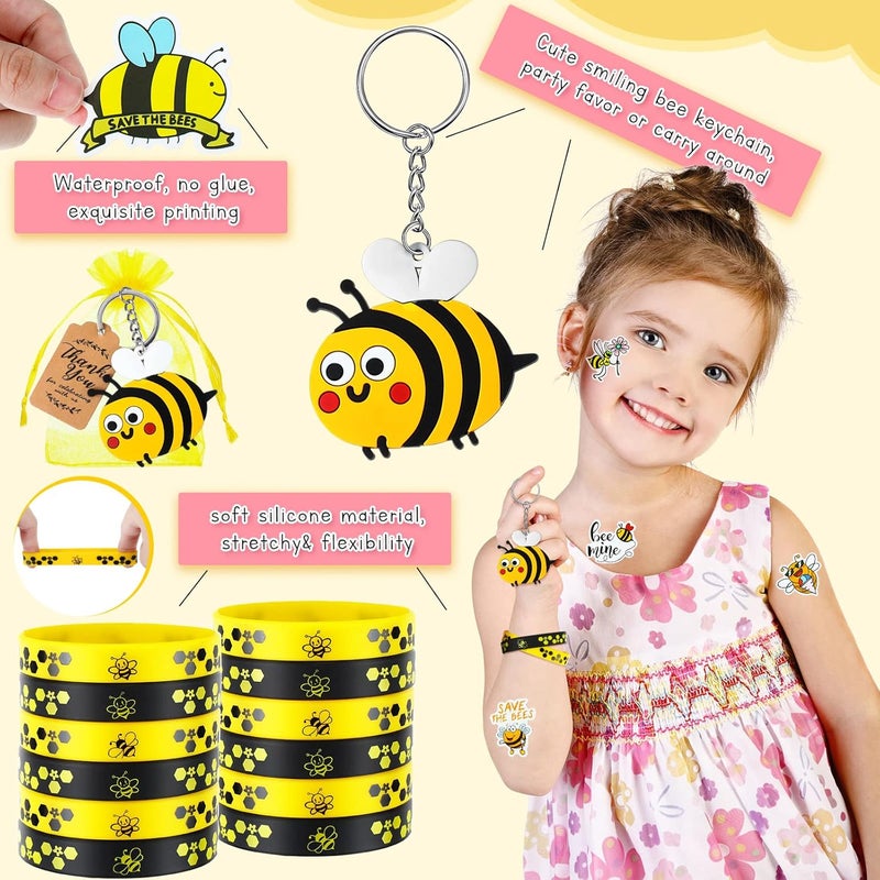 Sureio 98 Pcs Bee Party Favors Include Keychains Rubber Bracelets Thank You Tags Stickers Organza Bags for Kids Birthday Party Gifts Baby Shower Souvenirs World Bee Day Supplies - Image 3