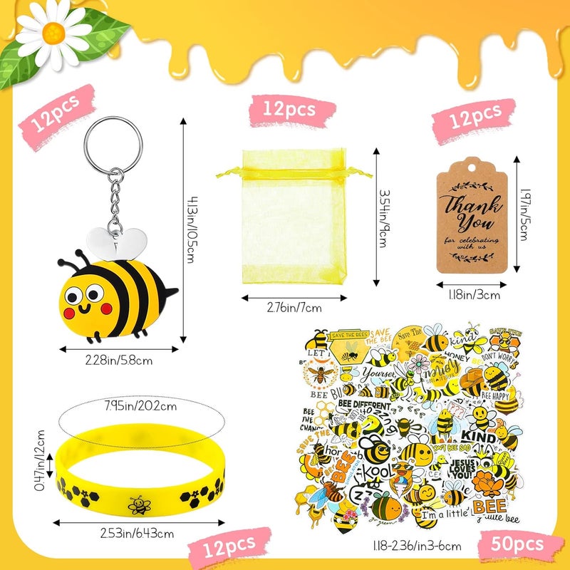 Sureio 98 Pcs Bee Party Favors Include Keychains Rubber Bracelets Thank You Tags Stickers Organza Bags for Kids Birthday Party Gifts Baby Shower Souvenirs World Bee Day Supplies - Image 2