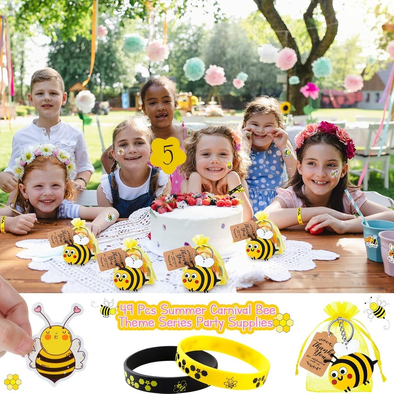 Sureio 98 Pcs Bee Party Favors Include Keychains Rubber Bracelets Thank You Tags Stickers Organza Bags for Kids Birthday Party Gifts Baby Shower Souvenirs World Bee Day Supplies - Image 4