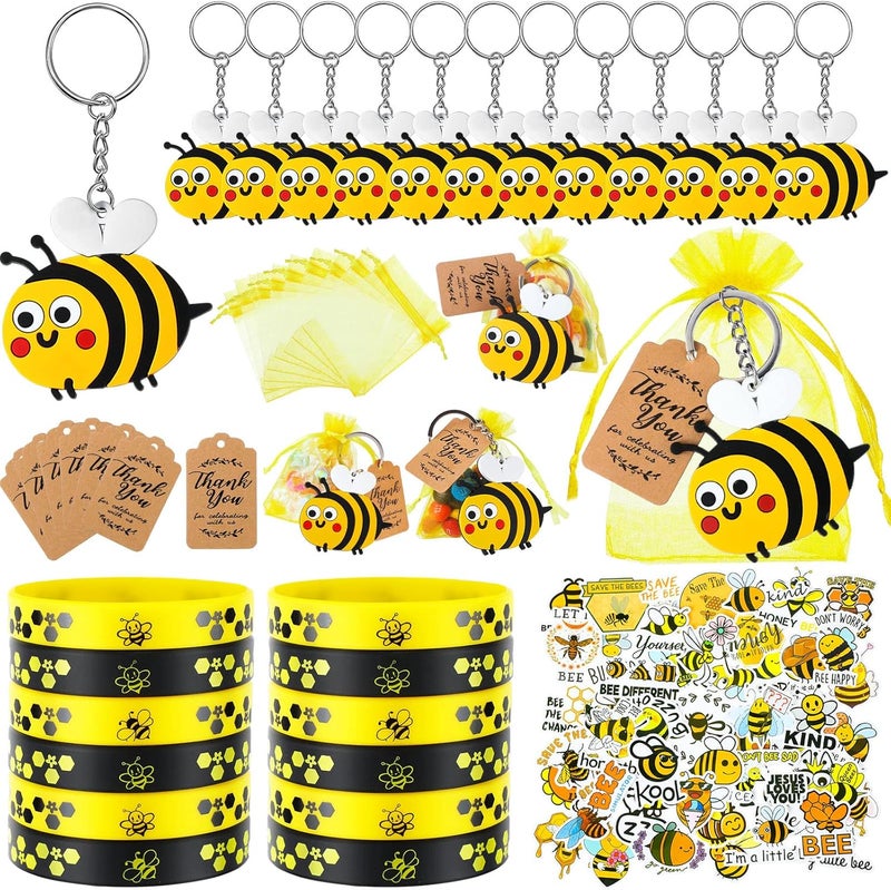 Sureio 98 Pcs Bee Party Favors Include Keychains Rubber Bracelets Thank You Tags Stickers Organza Bags for Kids Birthday Party Gifts Baby Shower Souvenirs World Bee Day Supplies - Image 1