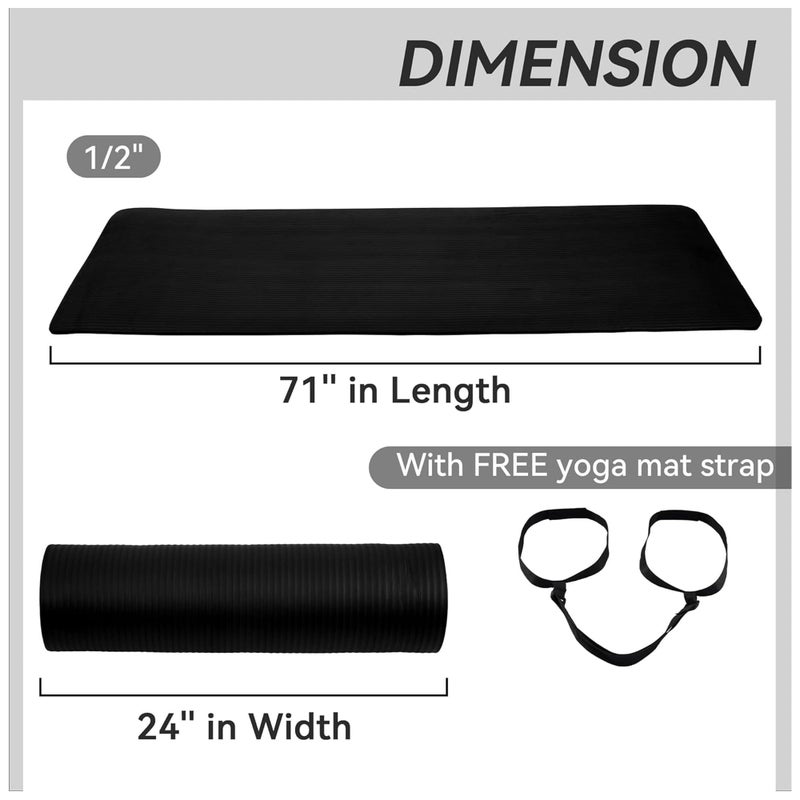 Fitvids All Purpose 1/2-Inch Extra Thick High Density Anti-Tear Exercise Yoga Mat with Carrying Strap, Black - Image 2