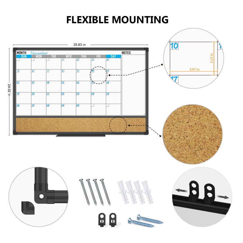 XBoard Dry Erase Calendar Whiteboard 36 X 24 - Combo White Board Calendar Monthly, Magnetic White Board + Corkboard with Black Aluminum Frame, 10 Colorful Push Pins & Marker Tray Included - Image 4