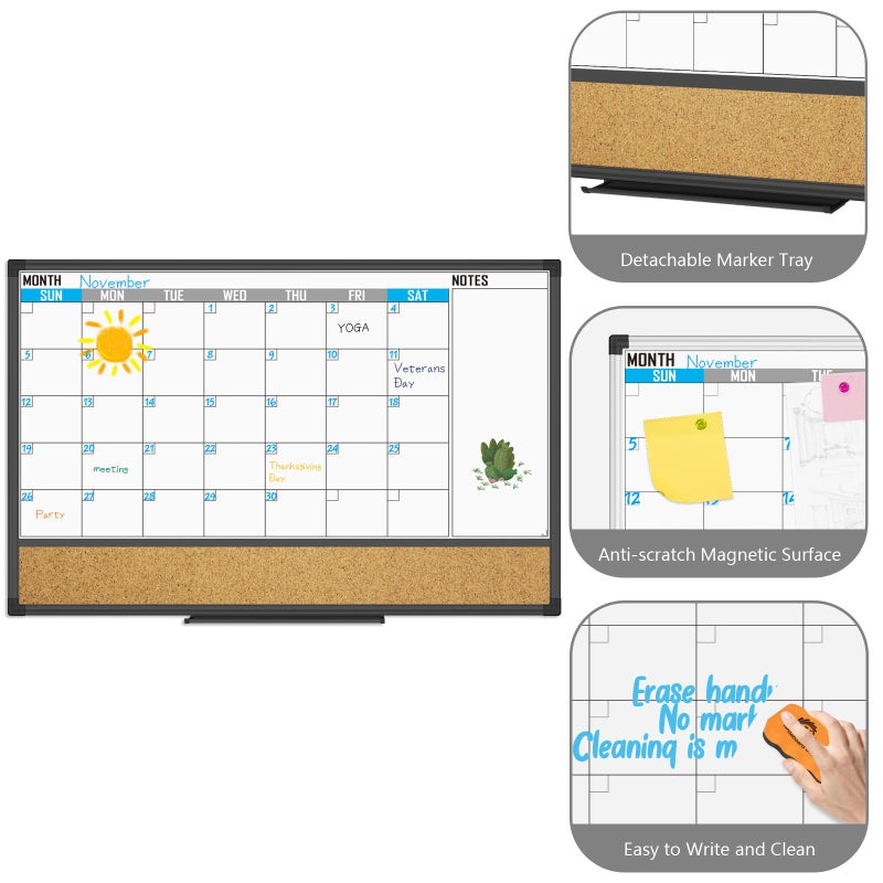 XBoard Dry Erase Calendar Whiteboard 36 X 24 - Combo White Board Calendar Monthly, Magnetic White Board + Corkboard with Black Aluminum Frame, 10 Colorful Push Pins & Marker Tray Included - Image 3