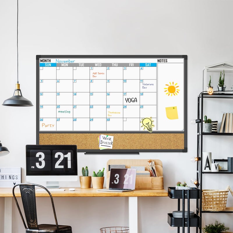 XBoard Dry Erase Calendar Whiteboard 36 X 24 - Combo White Board Calendar Monthly, Magnetic White Board + Corkboard with Black Aluminum Frame, 10 Colorful Push Pins & Marker Tray Included - Image 2