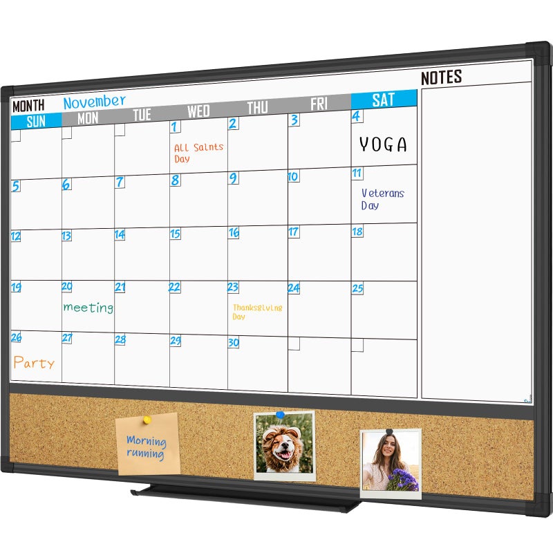 XBoard Dry Erase Calendar Whiteboard 36 X 24 - Combo White Board Calendar Monthly, Magnetic White Board + Corkboard with Black Aluminum Frame, 10 Colorful Push Pins & Marker Tray Included - Image 1