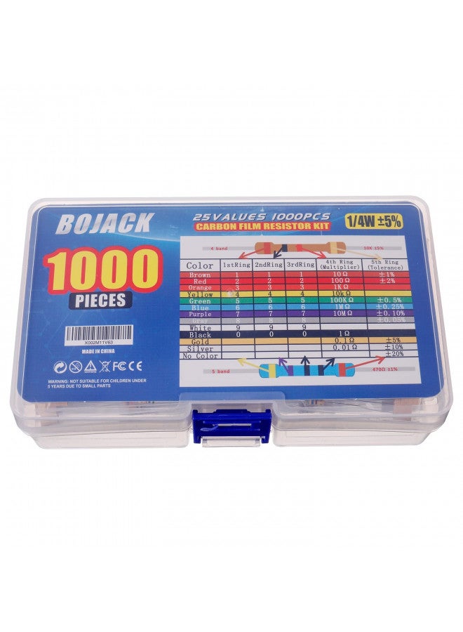 BOJACK 1000 Pcs 25 Values Resistor Kit 1 Ohm-1M Ohm with 5% 1/4W Carbon Film Resistors Assortment - Image 3
