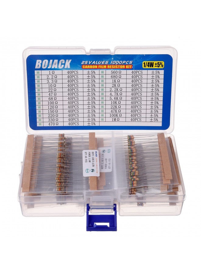 BOJACK 1000 Pcs 25 Values Resistor Kit 1 Ohm-1M Ohm with 5% 1/4W Carbon Film Resistors Assortment - Image 1