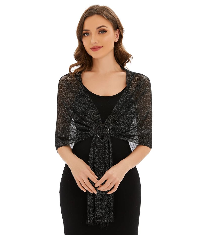 KUNINDOME Sparkling Metallic Shawls and Wraps with Buckle for Evening Dresses Party Wedding Bride Bridesmaid, black with black metalic thread - Image 1