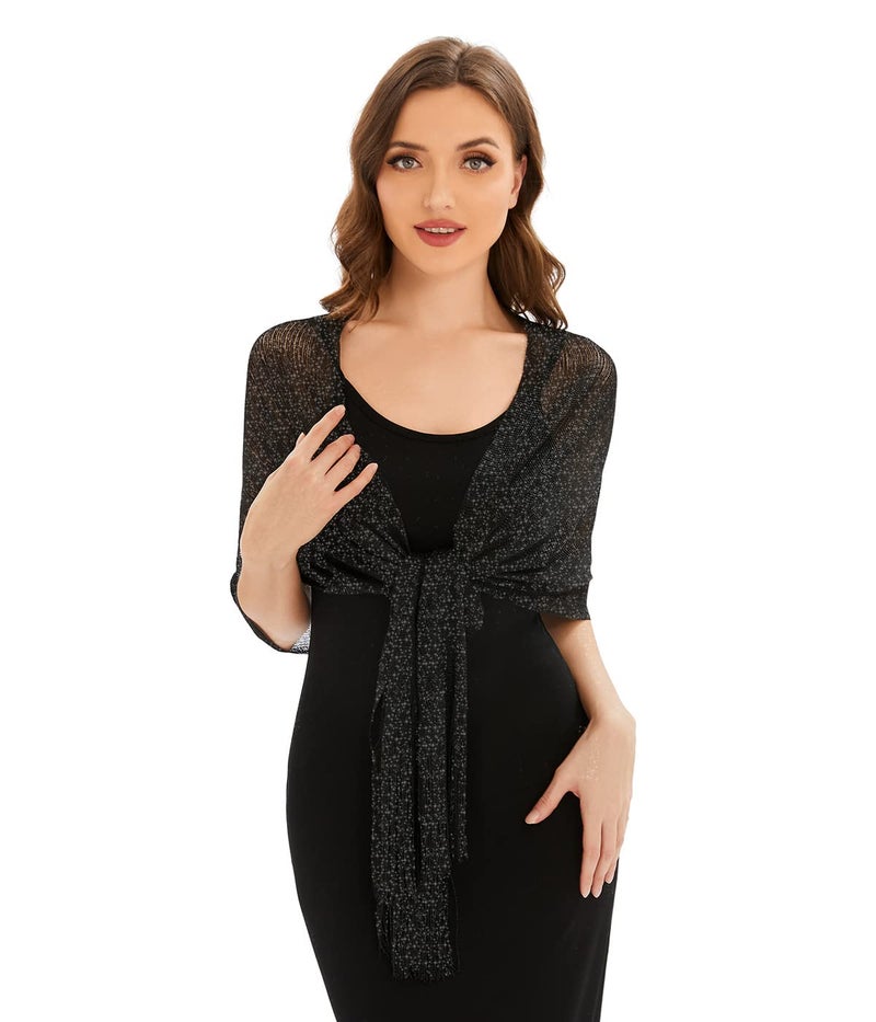 KUNINDOME Sparkling Metallic Shawls and Wraps with Buckle for Evening Dresses Party Wedding Bride Bridesmaid, black with black metalic thread - Image 4
