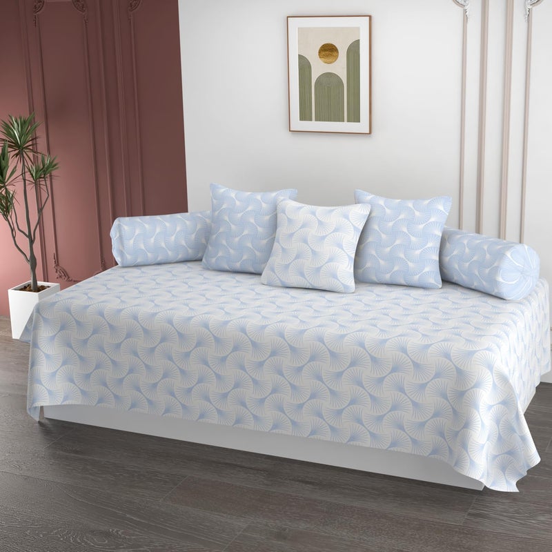 APALA Super Soft Cotton Abstract diwan Set for Living Room, diwan Set 6 Pieces One Single Bedsheet with 3 Cushion Cover,2 Bolster (White(Blue Print)) - Image 1