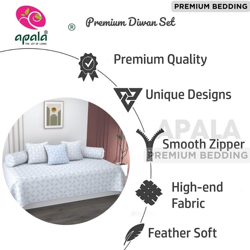 APALA Super Soft Cotton Abstract diwan Set for Living Room, diwan Set 6 Pieces One Single Bedsheet with 3 Cushion Cover,2 Bolster (White(Blue Print)) - Image 2