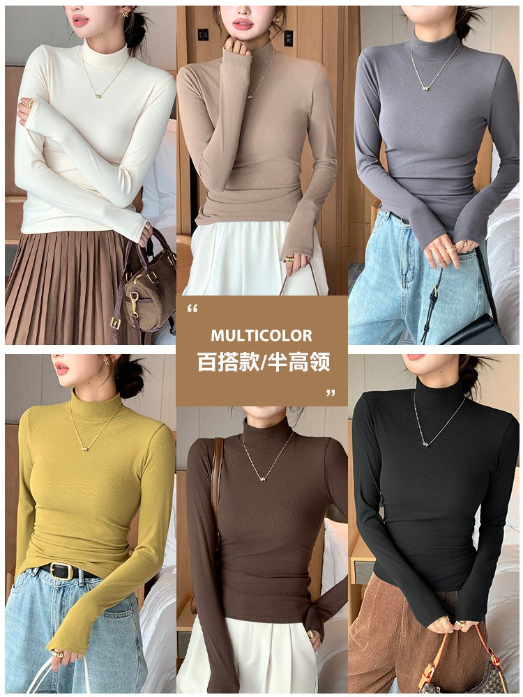 H329 Knitted Half Turtleneck Bottoming Shirt for Women New Autumn and Winter Inner Black and White Autumn Coat with Stylish Mid-Collar Pullover Long Sleeves - Image 3