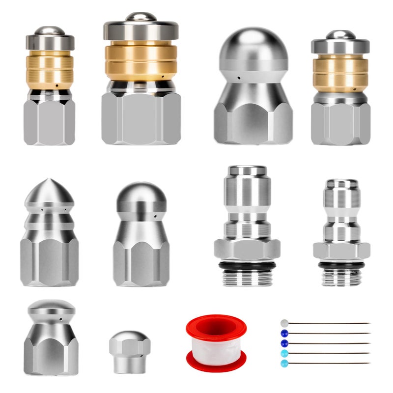 Qoroos 10pcs Sewer Jetter Nozzle Kit Stainless Steel Jetter Heads Kit for Pressure Washer, 1/4" & 3/8" NPT Quick Connectors Drain Cleaning Nozzle Tips with 5 Needles up to 5000 PSI - Image 1
