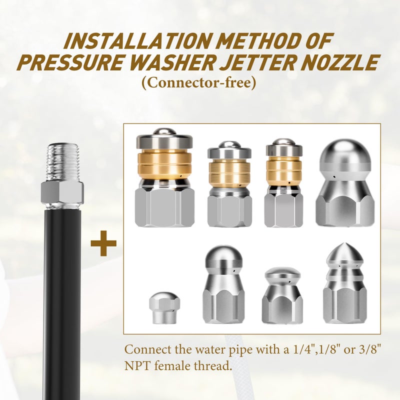 Qoroos 10pcs Sewer Jetter Nozzle Kit Stainless Steel Jetter Heads Kit for Pressure Washer, 1/4" & 3/8" NPT Quick Connectors Drain Cleaning Nozzle Tips with 5 Needles up to 5000 PSI - Image 3