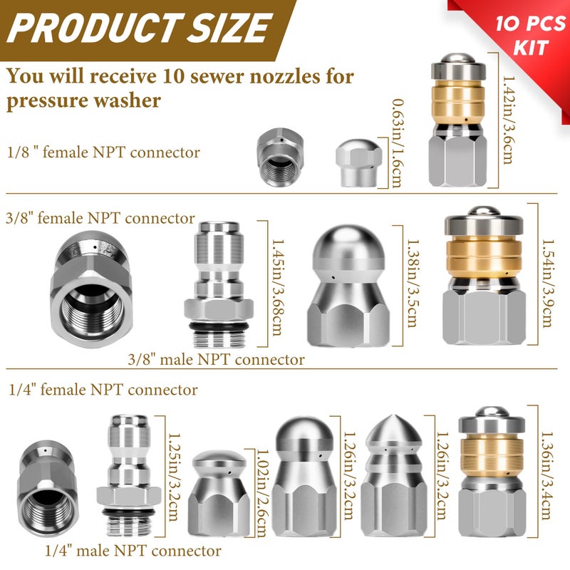 Qoroos 10pcs Sewer Jetter Nozzle Kit Stainless Steel Jetter Heads Kit for Pressure Washer, 1/4" & 3/8" NPT Quick Connectors Drain Cleaning Nozzle Tips with 5 Needles up to 5000 PSI - Image 2