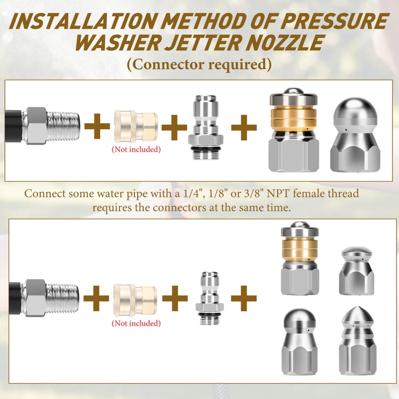 Qoroos 10pcs Sewer Jetter Nozzle Kit Stainless Steel Jetter Heads Kit for Pressure Washer, 1/4" & 3/8" NPT Quick Connectors Drain Cleaning Nozzle Tips with 5 Needles up to 5000 PSI - Image 4